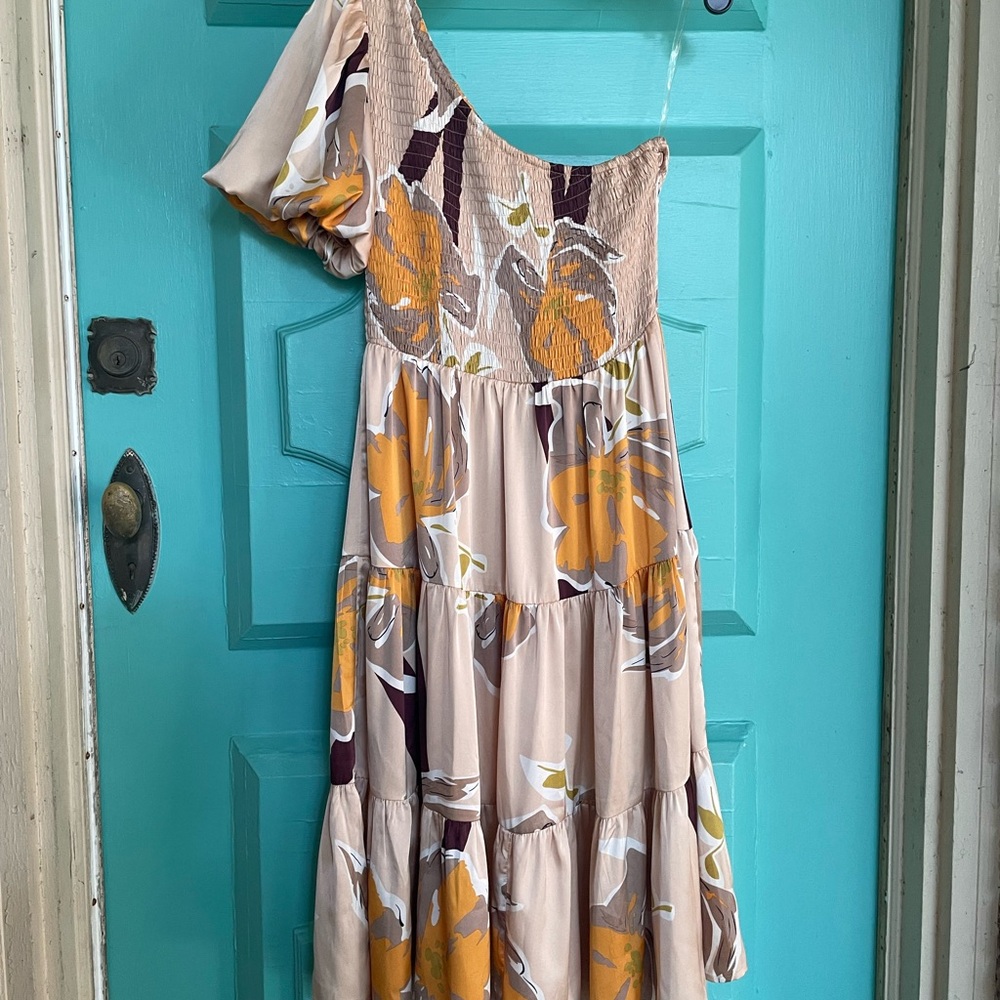 JODIFL One-Shoulder Dress in Yellow and Cream Floral Size Small